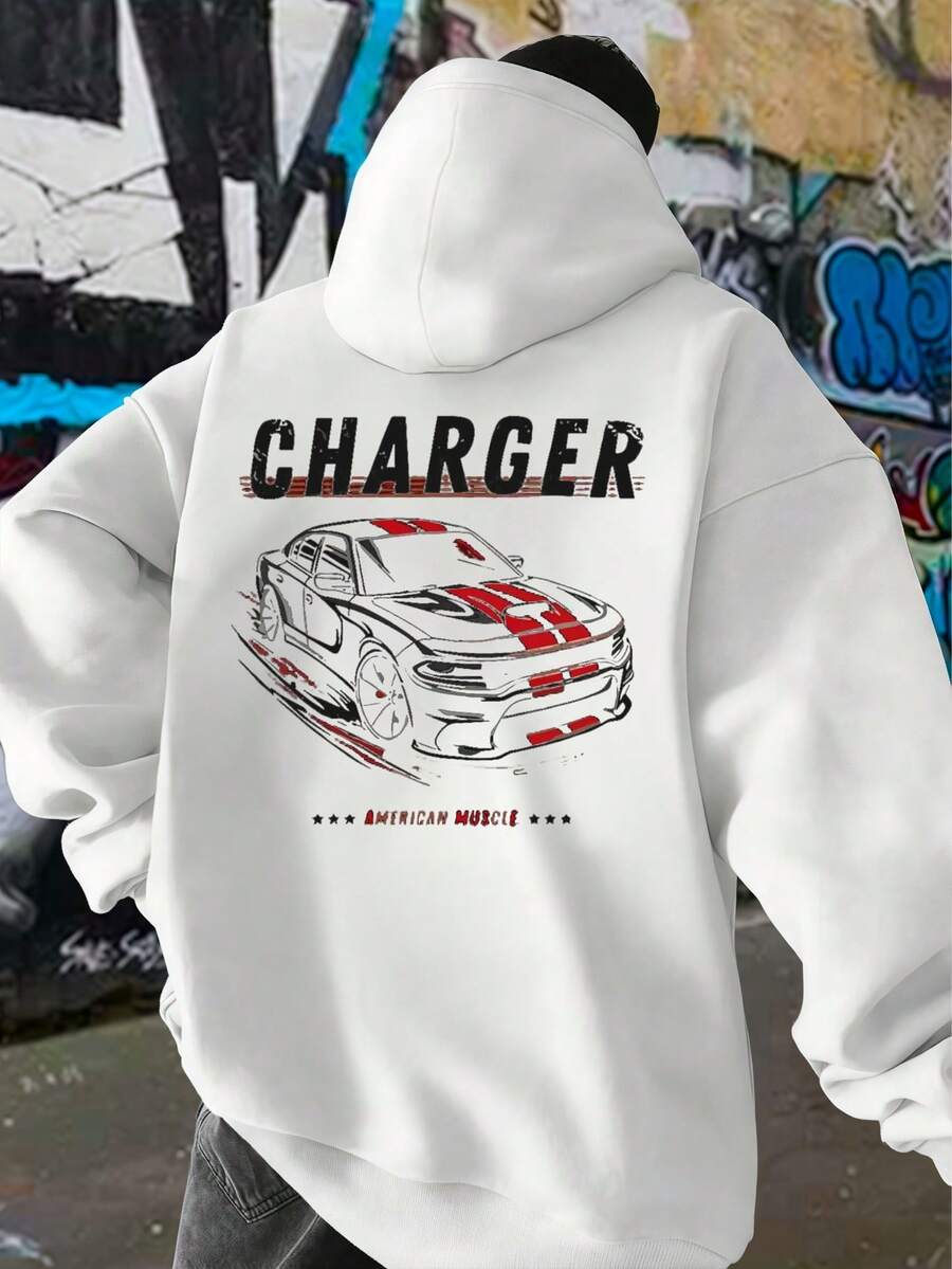 Muscle Car Graphic Tee ,Hoodie,Men's Double-Sided Printed Casual And Comfortable Hoodie, Casual And Versatile Coat In Autumn And Winter(1 PC) - 白色 - 查看 1