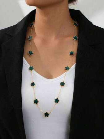 1 件优雅绿色幸运四叶草吊坠项链，适合毛衣链和日常佩戴