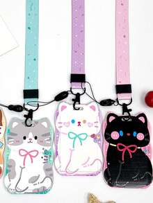 1 pieza Estuche para tarjetas con diseño de gato de ABS, Estuche protector anti-pérdida para tarjeta de identificación de estudiante, Bolsa para tarjeta con cordón - Multicolor - Ver 4