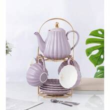 8 OZ Fine China Purple Coffee Cup Teacup Set Cups Saucer With TeapotSugar BowlCream Pitcher Teaspoons And Tea Strainer For Tea Coffee 17Pieces Service For 4 Purple - Purple - View 2