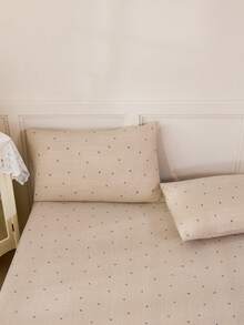 2/3pcs Khaki Striped Heart & Geometric Pattern Bedding Set (1pc Fitted Sheet + 1/2pcs Pillowcase), Soft & Breathable, Fits Twin, Full, Queen, King Size Beds Up To 11.8" Depth, Home Textile, School Dormitory Bedding