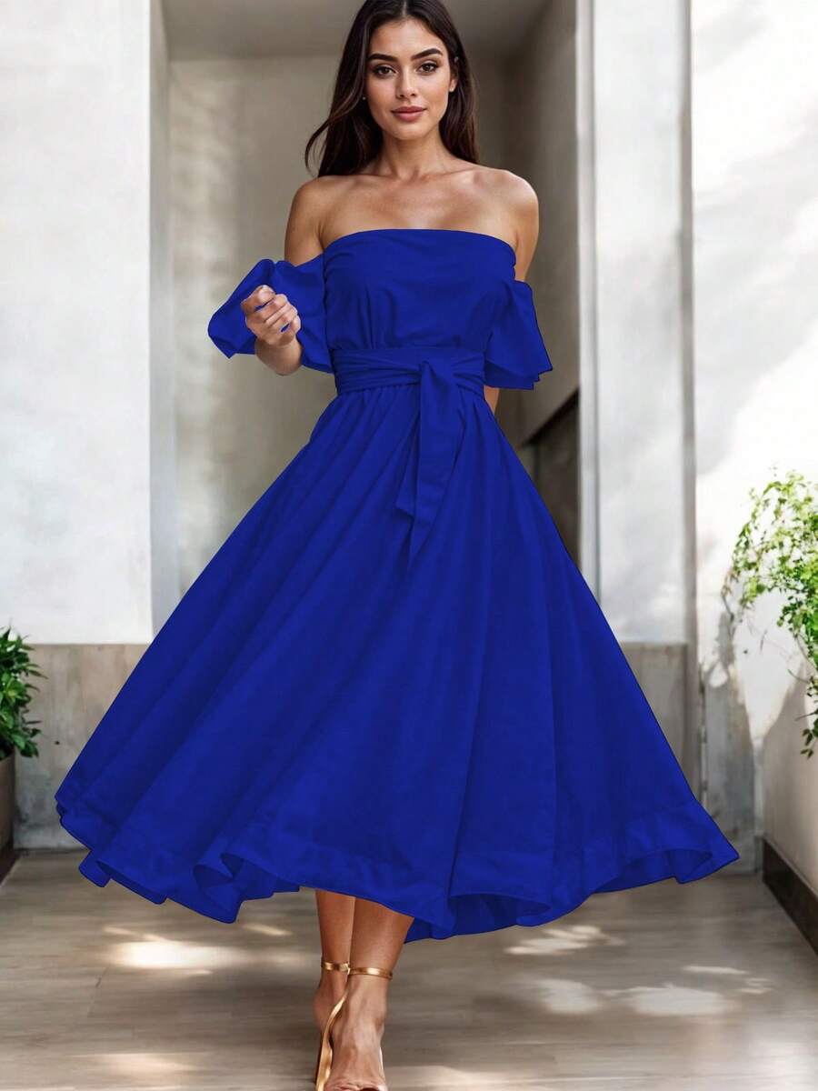 Vestido Midi Hombros Descubiertos Volante Decorativo Cintura Ceñida Falda Acampanada Corte Elegante Silueta Fluida Diseño Moderno Casual Y Elegante Moda Mujer Vestido Clásico