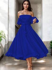 Vestido Midi Hombros Descubiertos Volante Decorativo Cintura Ceñida Falda Acampanada Corte Elegante Silueta Fluida Diseño Moderno Casual Y Elegante Moda Mujer Vestido Clásico - Azul Rey - Ver 3