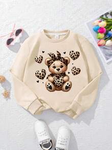 1pc Girl Sweet Teddy Bear Leopard Pattern Long - Sleeve Sweatshirt, Playful, School Activity Style - Apricot - View 2