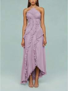 Women's Boho Halter Backless Maxi Dress Sleeveless High Waist Ruffled Party Prom Evening Dresses - Màu tím - Xem 5