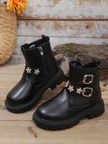 1 par de botas deportivas casuales de estilo europeo con cremallera lateral de piel sintética para niñas, adecuadas para todas las estaciones