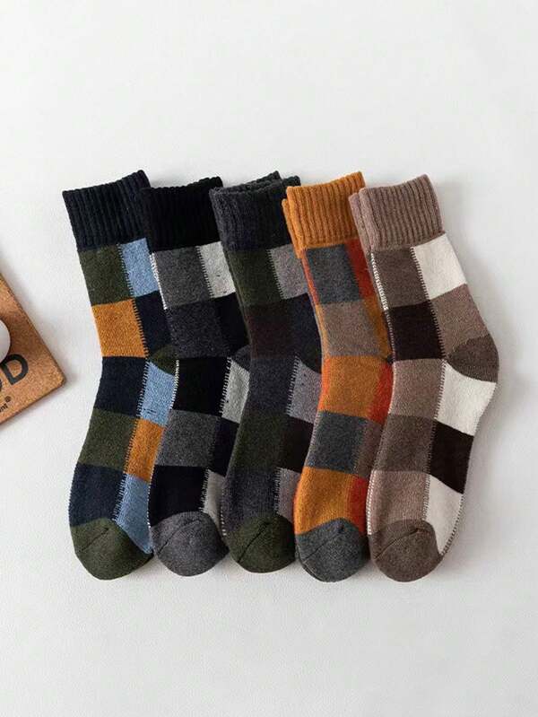 Lot de 5 paires de chaussettes mi-mollet à carreaux pour homme, automne et hiver, à la mode, à carreaux, couleurs contrastées, douces et chaudes, idéales pour le quotidien.