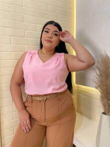 RAINBOW Plain Tank Top Sleeveless Blouse Plain Creppinho With 4 Buttons Plus Size G1G2G3 46-52 Casual Women - 62-ROSA - 查看 3