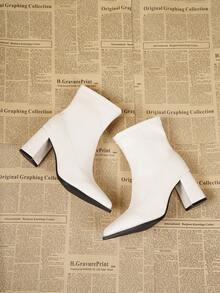 秋冬新款英伦风女式真皮踝靴，简约白色优雅粗跟踝靴，复古尖头金属侧拉链靴，粗跟切尔西靴，美式中跟西部靴，时尚短筒靴 - 白色 - 查看 6