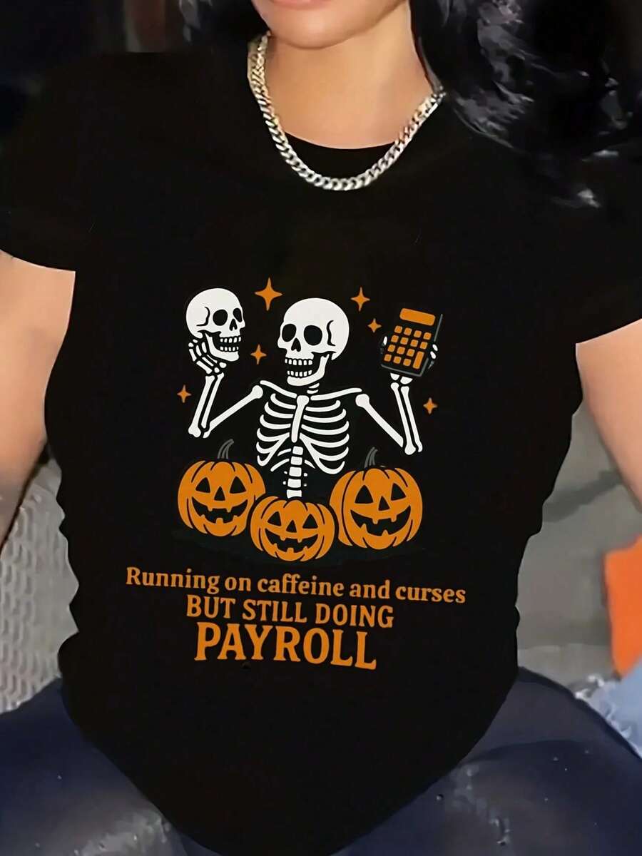 Camiseta Gráfica de Halloween, Patrón Geométrico Vívido de Halloween, Adecuada para Halloween, Camiseta de Manga Corta Casual de Calle, Adecuada para Fiestas, Reuniones, Cumpleaños, Ropa de Mujer - Marrón Mocha - Ver 1