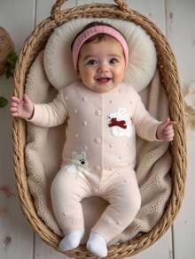 女婴休闲优雅连体裤，带有狗和熊图案，舒适的针织连体裤，适合婴儿日常穿着、外出和旅行，春秋季 - 珊瑚粉 - 查看 3