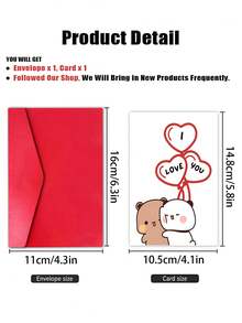 1pc Cute Bear Birthday Card With Envelope, "I Love You" Heart Balloon Design Blank Inside Card For Valentine's Day, Romantic Gifts For Him Her, Family, Friends, Colleagues - Multicolor - View 5
