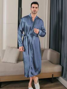 Men's Satin Long Sleeved Simple Casual Solid Color Robe, Winter - Baby Blue - View 4