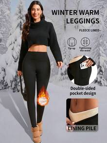 1 件秋冬保暖内衬瑜伽裤，高腰休闲瑜伽运动紧身裤，带侧袋 - 黑色 - 查看 5