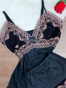 Short Doll Women's Pajama Set/ Two-Tone Lace - Matte Black - View 2