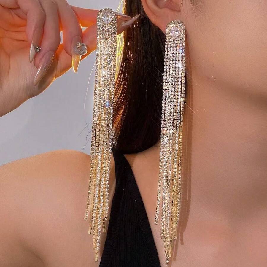 2pcs Bride Decor Long Tassel Earrings, Copper Zirconia Stone, Unique Design Elegant Earrings Suitable For Wedding, Formal Dress