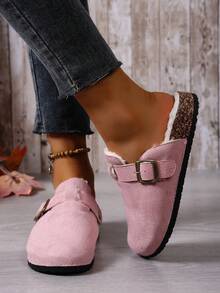 女式带扣设计保暖内衬休闲一脚蹬穆勒鞋 - 淺粉色 - 查看 3
