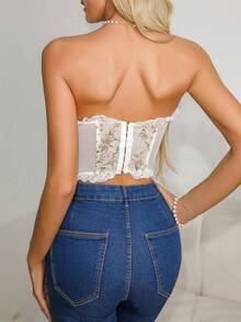 White Strapless Underwire Boned Crop Top - Women's Ditsy Floral Lace Trim Everyday Slimming - trắng - Xem 2