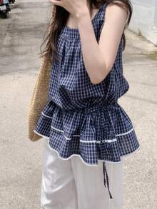 2025 Spring/Autumn Retro Versatile Adjustable Waist Plaid Top - Blue - View 2