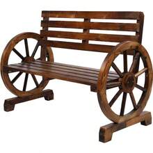 Outvita Wooden Wagon Wheel Bench, Rustic Outdoor Lounge Furniture, 2-Person Seat Bench With Backrest & Slatted, Carbonized - Brown - View 9