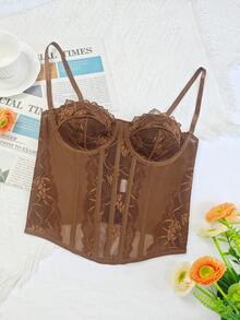 Top corto con tirantes de espagueti de encaje marrón, con aros y ballenas - Realza y estiliza el busto de la mujer