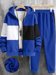 2 Stück/Set Jungen & Teenager Lässiger Sport Kontrast Farbe KING Muster Hoodie Sweatshirt und Kontrast Farbe Hose Set, Frühling/Herbst