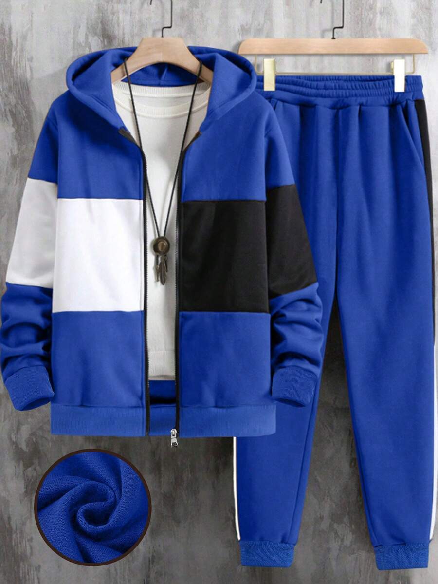 2 Stück/Set Jungen & Teenager Lässiger Sport Kontrast Farbe KING Muster Hoodie Sweatshirt und Kontrast Farbe Hose Set, Frühling/Herbst