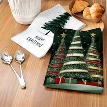 1 pieza/2 piezas/100 piezas Toallas de cocina con estampado de árbol de Navidad, toallas de platos, adecuadas para decoración de interiores de restaurante, cocina, baño, decoración de fiestas, regalos navideños, pueden ser entregados como regalos de Navidad