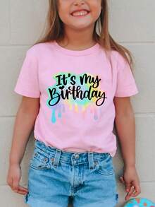 Girls Cute Round Neck 'It's My Birthday' Graphic Short Sleeve T-Shirt Casual Tee Tops Summer Children Clothing - 粉紅色 - 查看 1