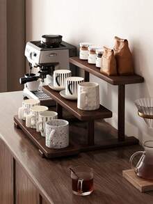 胡桃木色桌面阶梯式搁板——时尚多层展示架，适合摆放马克杯、香水、口红和化妆品。配有香水展示架、杯托和加固加厚梯形结构。适用于厨房、客厅、浴室、卧室和家居装饰。 - 胡桃色 - 查看 10