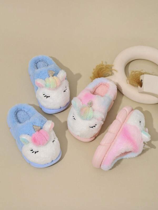 1 Pair Colorful Unicorn Plush Slippers For Kids, New Autumn/Winter Indoor Home Slippers, Suitable For Little Girls, Baby Princess Slippers
