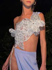 Women's 3D Flower Gorgeous Sequin Decor One Shoulder Sleeveless Bandeau Top Slim Fit Going Out Party Camisole - 藍色 - 查看 2