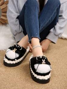 Pantuflas con plataforma de orejas de conejo de peluche y perlas falsas, elegantes y cálidas para el invierno, pantuflas adorables para interiores/exteriores para niñas