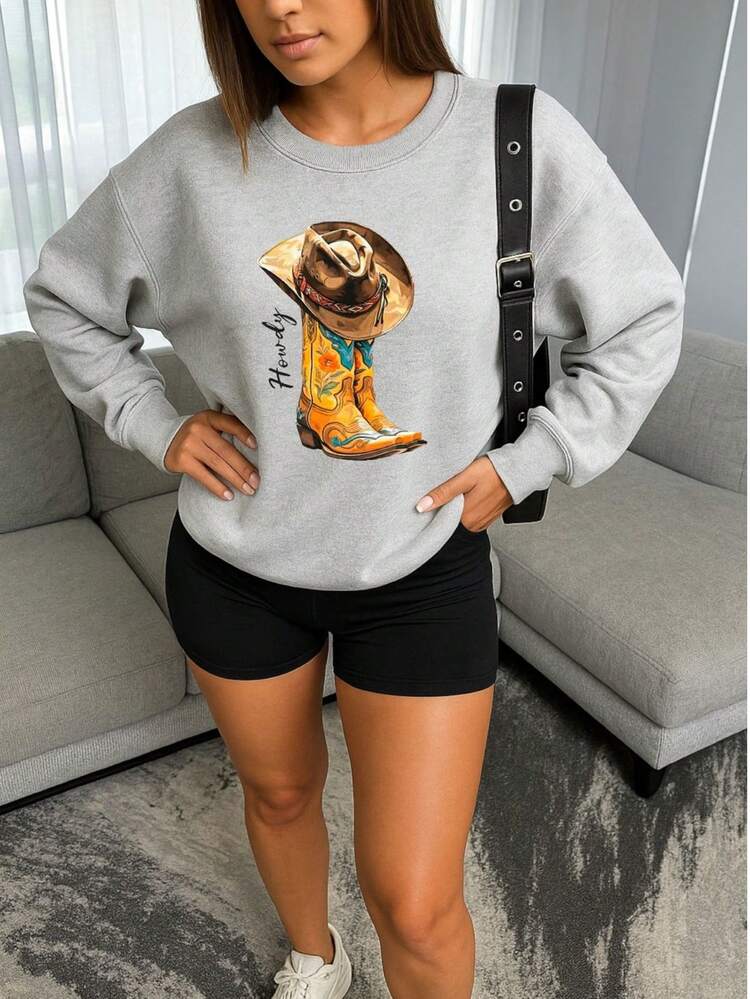 Sudadera  Cuello redondo  estampada Básica  Dama  Mujer  Casual  Cómoda  Juvenil - Gris - Añade 3