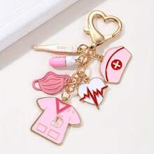 1 Piece Classic Nurse Hat Thermometer Pill Mask Heartbeat Nurse Set Drip Oil Alloy Keychain - Hồng - Xem 2
