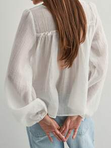 Womens Tie-Up Front Tops Long Sleeve V Neck Loose Fit Ruffle Shirts Spring Crincle Blouses - White - View 6