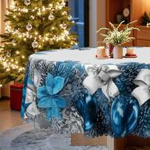 1pc Blue Christmas Theme Round Tablecloth, Christmas Tree, Blue Branches, Bells, Snowflakes, Bow Pattern Tablecloth, Christmas Decor, Suitable For Indoor And Outdoor Use - Easy To Clean Holiday Dining Tablecloth, 152cm*152cm