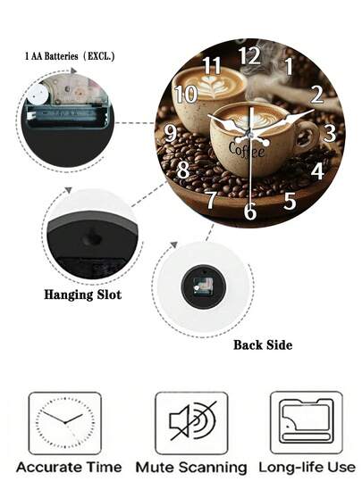 1pc Coffee Lover's Silent Non Ticking Wand Klok Latte Art Cup, Steam Effect Moderne Kitchen, Cafe Artificial Wood/Plastic Ho warming Enthusiasts (AA Batteries Not Included) ative Bean Accent Clock, Home ation, Cozy Aesthetic, Highquality Finish, Kitchen ators view 5