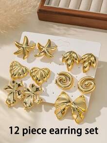 2-12pcs/Set Geometric Creative Shaped Earring Set, Asymmetrical Stud Earrings, Exaggerated Earrings