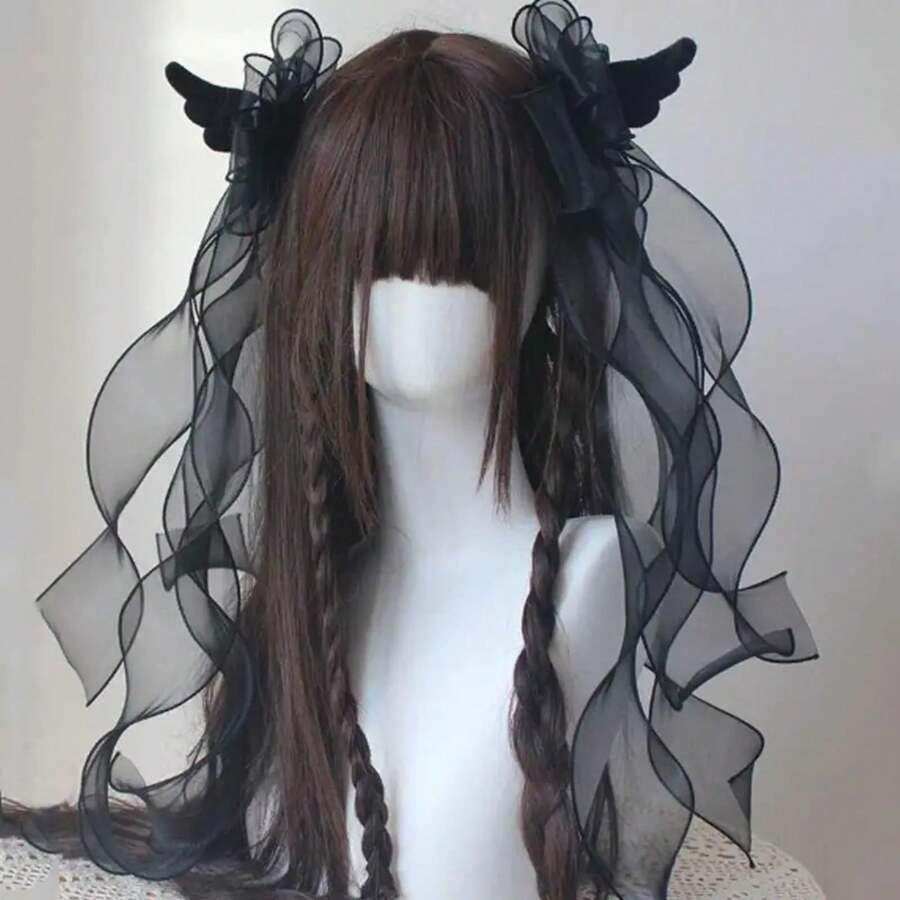 2 Angel Wing Lace Hair Clips With Large Bow, Y2K Lolita Style Black Double Ponytail Accessories, Suitable For Gothic Lolita Fashion - Black 2 Pieces - View 1