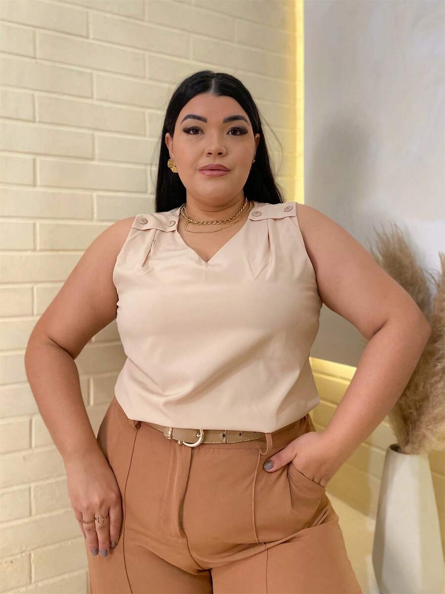 RAINBOW Plain Tank Top Sleeveless Blouse Plain Creppinho With 4 Buttons Plus Size G1G2G3 46-52 Casual Women - 62-AREIA - 查看 1