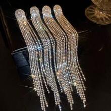 2pcs Bride Decor Long Tassel Earrings, Copper Zirconia Stone, Unique Design Elegant Earrings Suitable For Wedding, Formal Dress