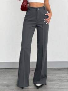 Women's Tailored Flare Pants With Fake Pockets At The Back - Grey - View 1