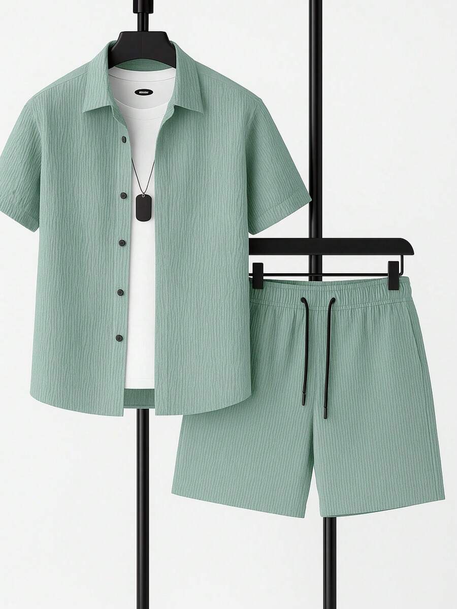Men's Summer Solid Color Short Sleeve Casual Shirt And Tie Waist Shorts, 2 Pieces/Set Casual Outfits - Mint Green - View 1