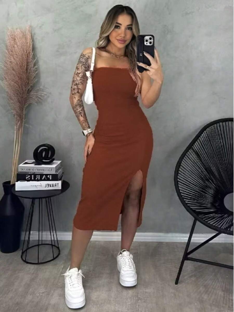 Women's Strapless Midi Dress With Slit Side Opening Split Holiday Evening Formal And Night - Rỉ Nâu - Xem 1