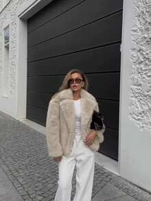Women's Faux Fur Long-Sleeved Coat With Reversible Collar, Warm, Suitable For Daily Use, Outdoor Activities, Fashionable, Elegant, Casual, Featuring Two Side Pockets, Ideal For Autumn And Winter. - Apricot - View 4