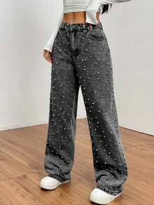 Women's Fashionable Pearl Embellished Wide Leg Jeans