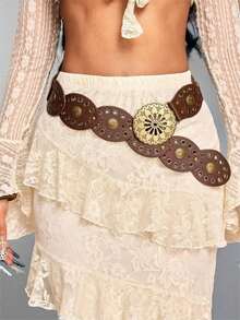 1pc Western Cowgirl Boho Style Country Belt, Punk Leather Belt With Hollow Flower Buckle, Oval Patchwork Waist Chain, Bohemian Waist Belt Accessory For Dress, Suitable For Daily, Commuting, Gathering, Holiday, Christmas Party, Gift For Yourself, Friends, Family, Girlfriend, Mother