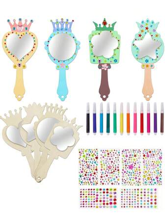 12 قطعة مجموعة مرايا خشبية يدوية الصنع، مرايا خشبية DIY، حرف مرايا خشبية، مرايا مكياج، مرايا خشبية قابلة للطلاء، مرايا فنية محمولة باليد، هدية عيد ميلاد وهدية لحفلة العطلات