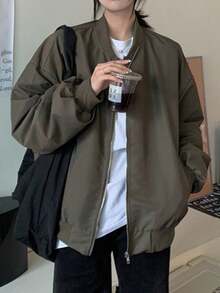 Chaqueta de béisbol de trabajo mujer, estilo retro, con cuello alto, ligera y holgada.Chaqueta de béisbol de trabajo para mujer, de estilo casual suelto, con cuello alto retro, ligera y versátil para el nuevo otoño chic - Verde militar - Ver 1